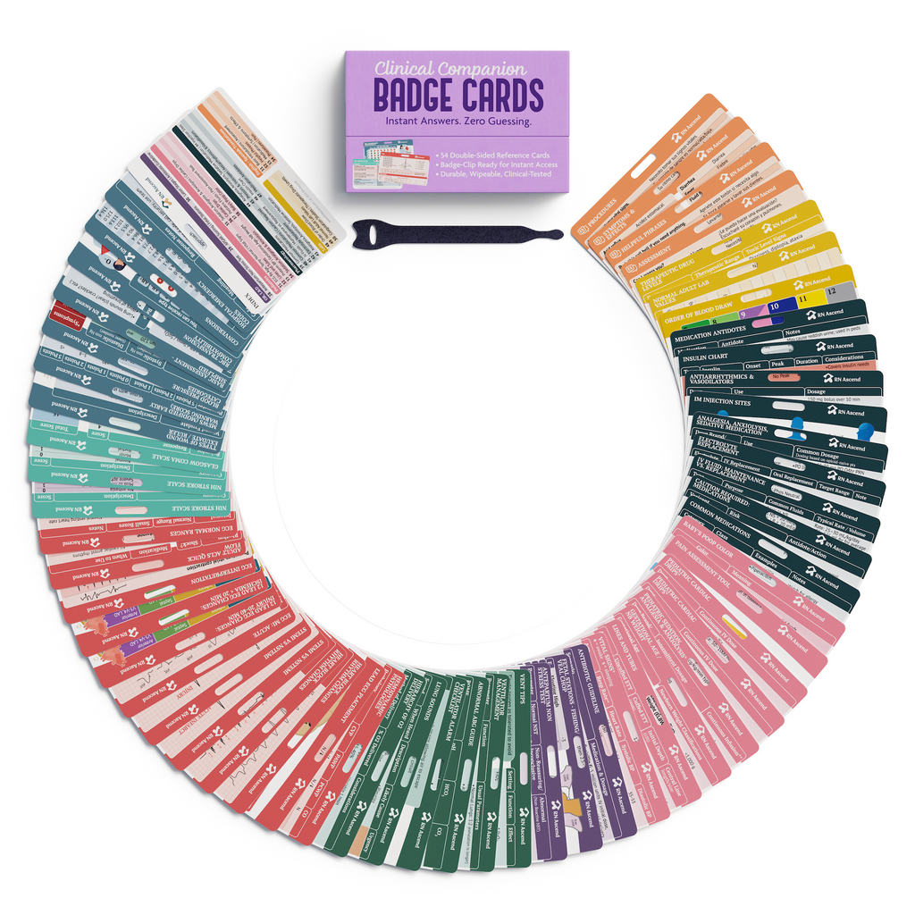 All 54 RN Ascend badge cards fanned in a full circle around the Clinical Companion Badge Cards box and its Velcro badge strap