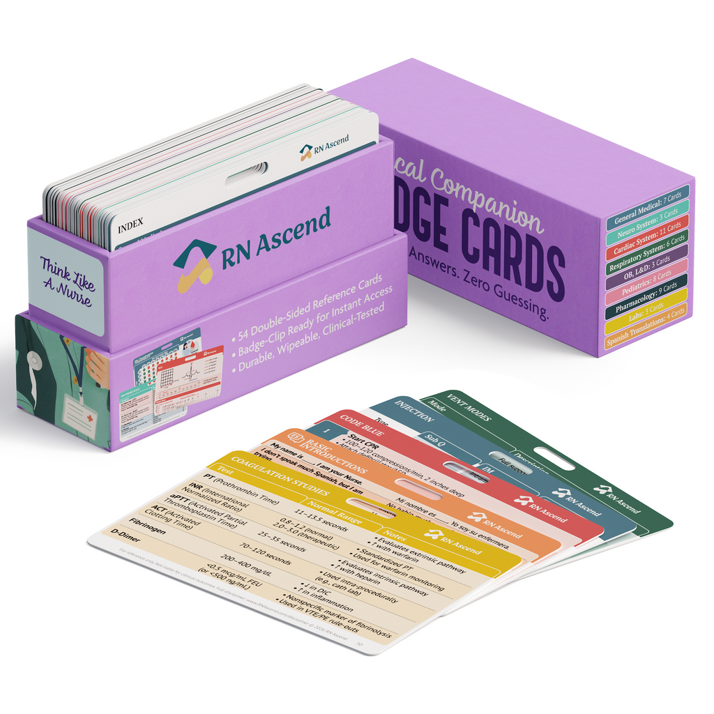 RN Ascend Clinical Companion Badge Cards box open with the indexed card stack inside and five color-coded badge cards fanned in front