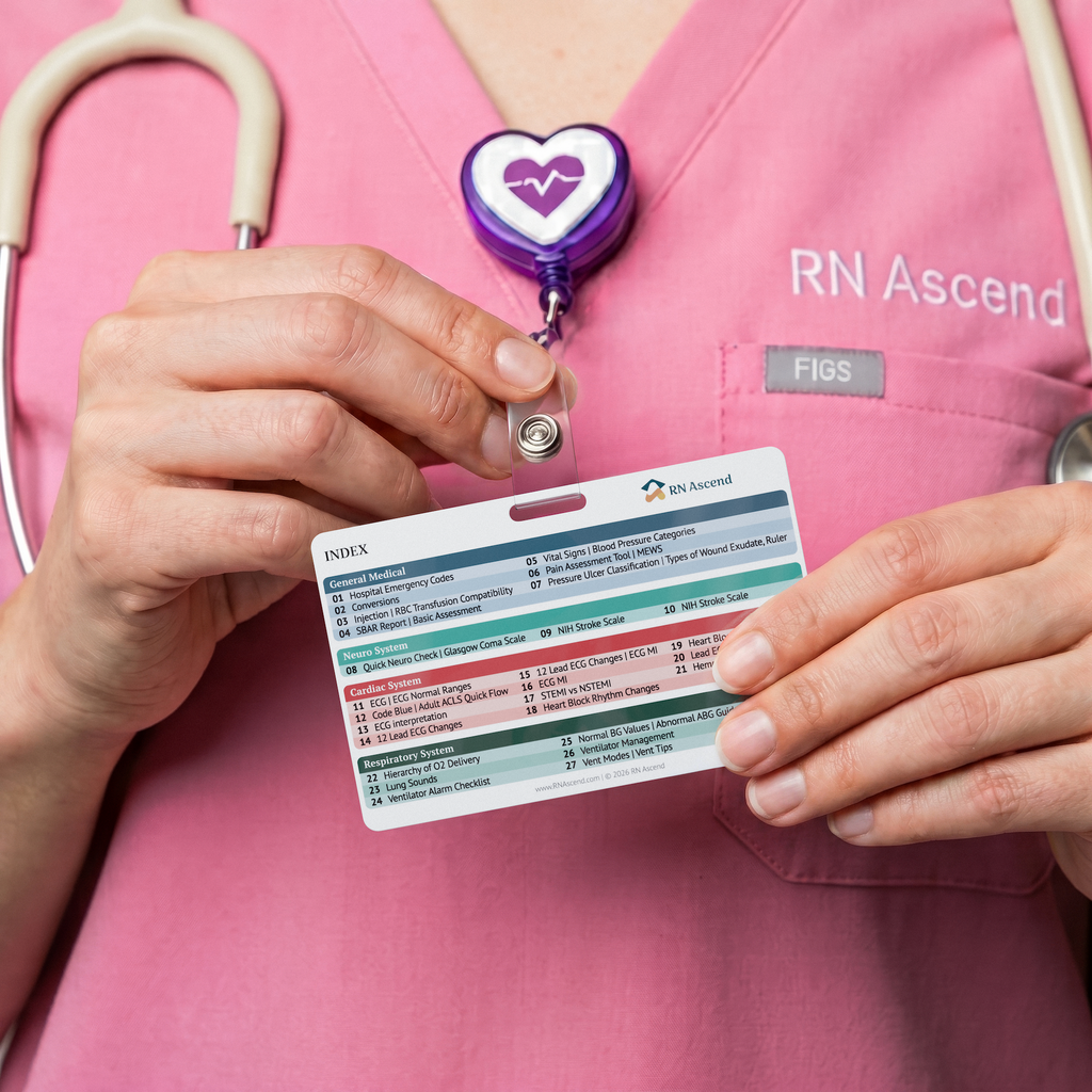 Nurse in scrubs holding an RN Ascend badge card clipped to a badge reel, showing the index card side