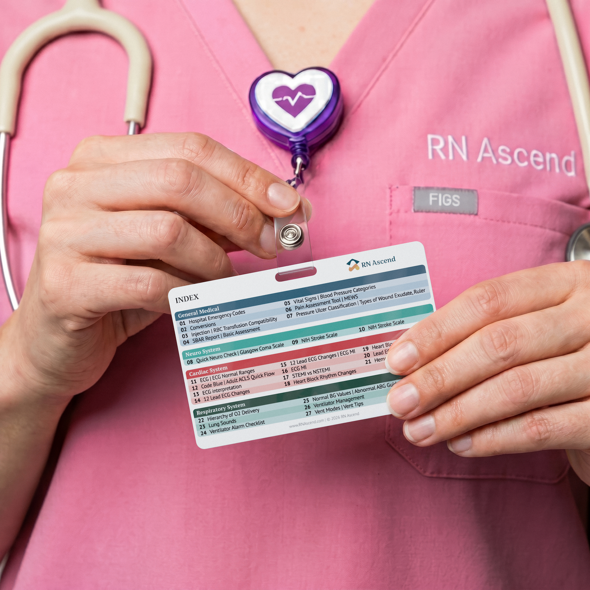 Nurse in scrubs holding an RN Ascend badge card clipped to a badge reel, showing the index card side