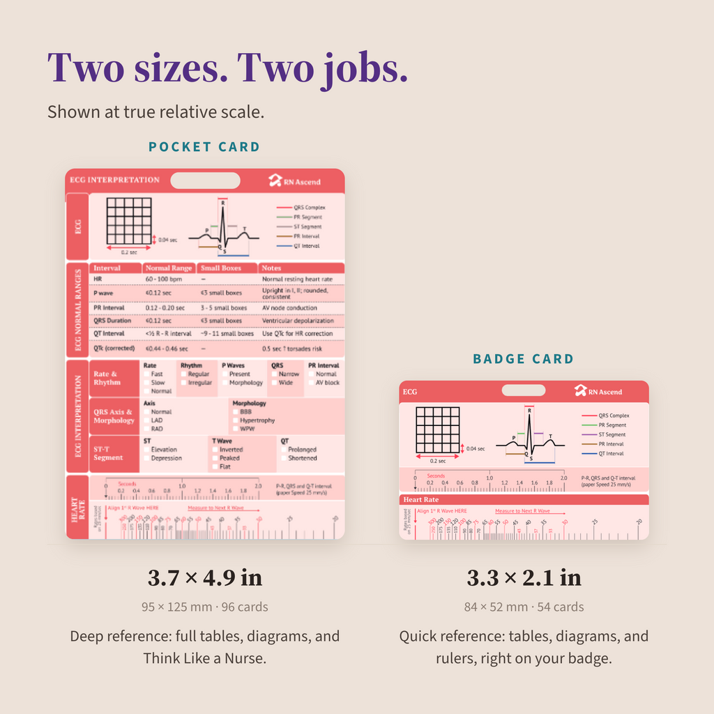 True scale comparison of the RN Ascend pocket card at 3.7 by 4.9 inches and badge card at 3.3 by 2.1 inches, both showing ECG interpretation