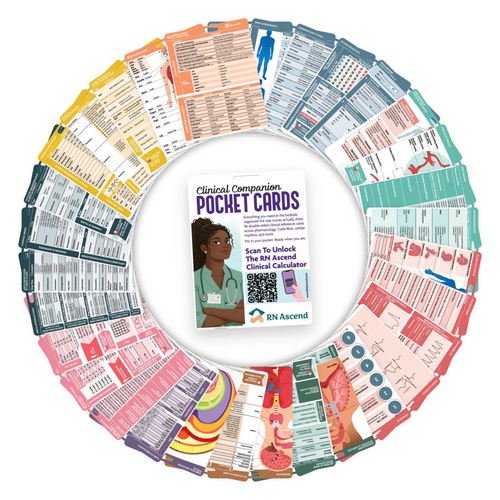 All 96 RN Ascend pocket cards fanned in a full circle around the Clinical Companion Pocket Cards cover card