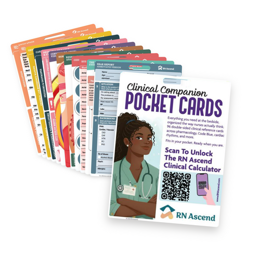 RN Ascend Clinical Companion Pocket Cards stack fanned out with the cover card showing the free clinical calculator QR code