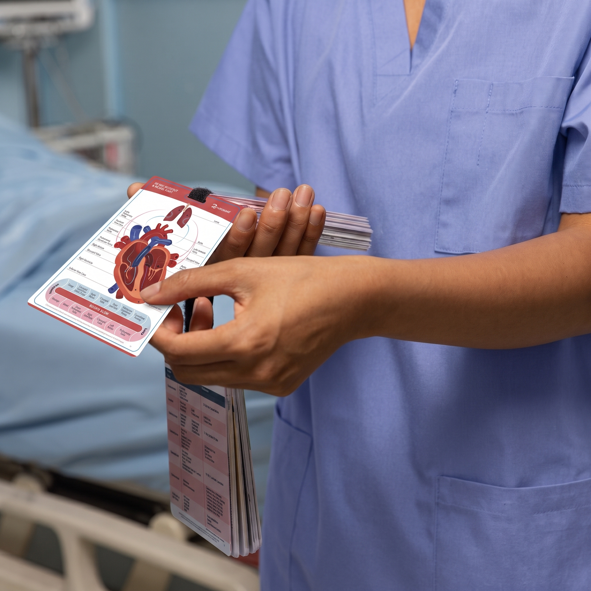 Nurse in scrubs holding the RN Ascend pocket card stack at the bedside, open to the cardiac anatomy card