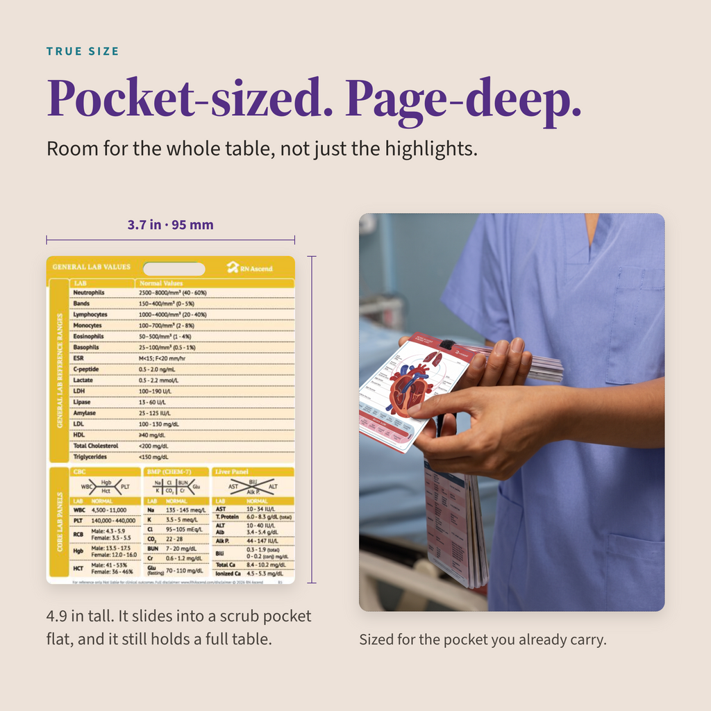 True size view of the general lab values pocket card, 3.7 inches wide and 4.9 inches tall, beside a nurse carrying the stack in a scrub pocket