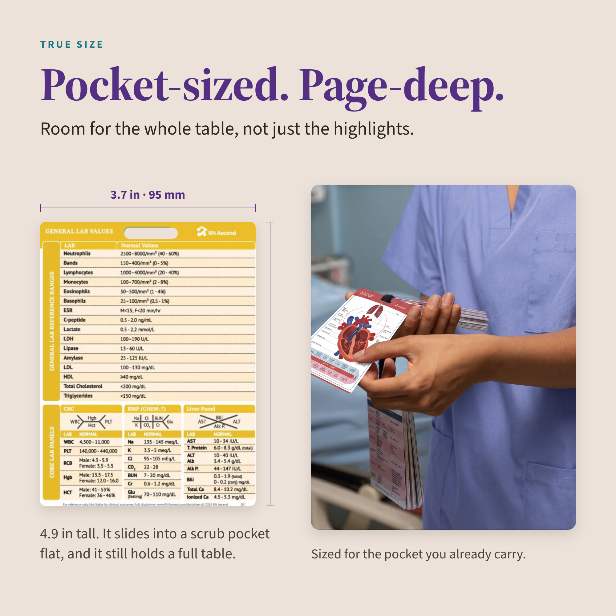True size view of the general lab values pocket card, 3.7 inches wide and 4.9 inches tall, beside a nurse carrying the stack in a scrub pocket