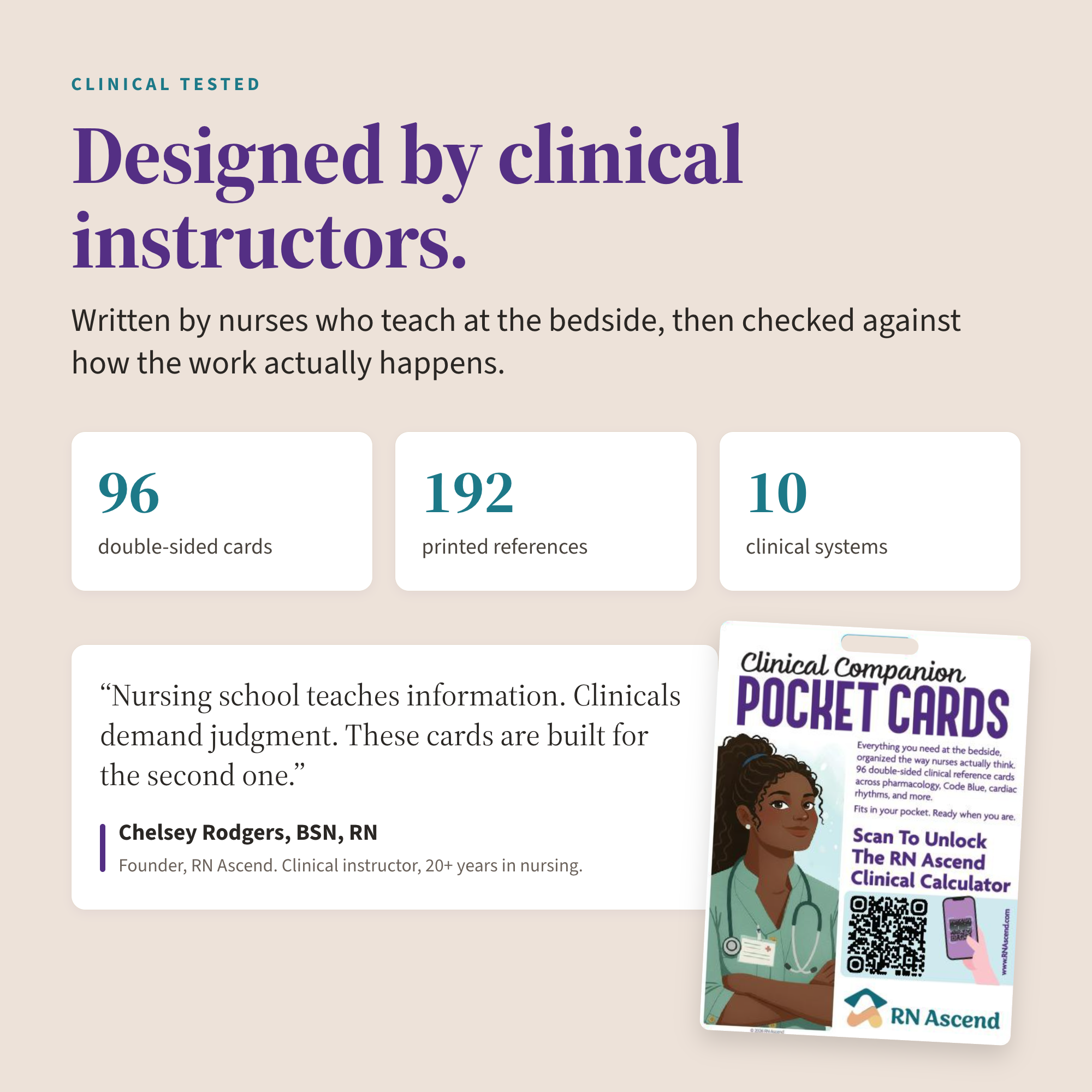 Designed by clinical instructors: 96 double-sided cards, 192 printed references, 10 clinical systems, with a quote from RN Ascend founder Chelsey Rodgers, BSN, RN